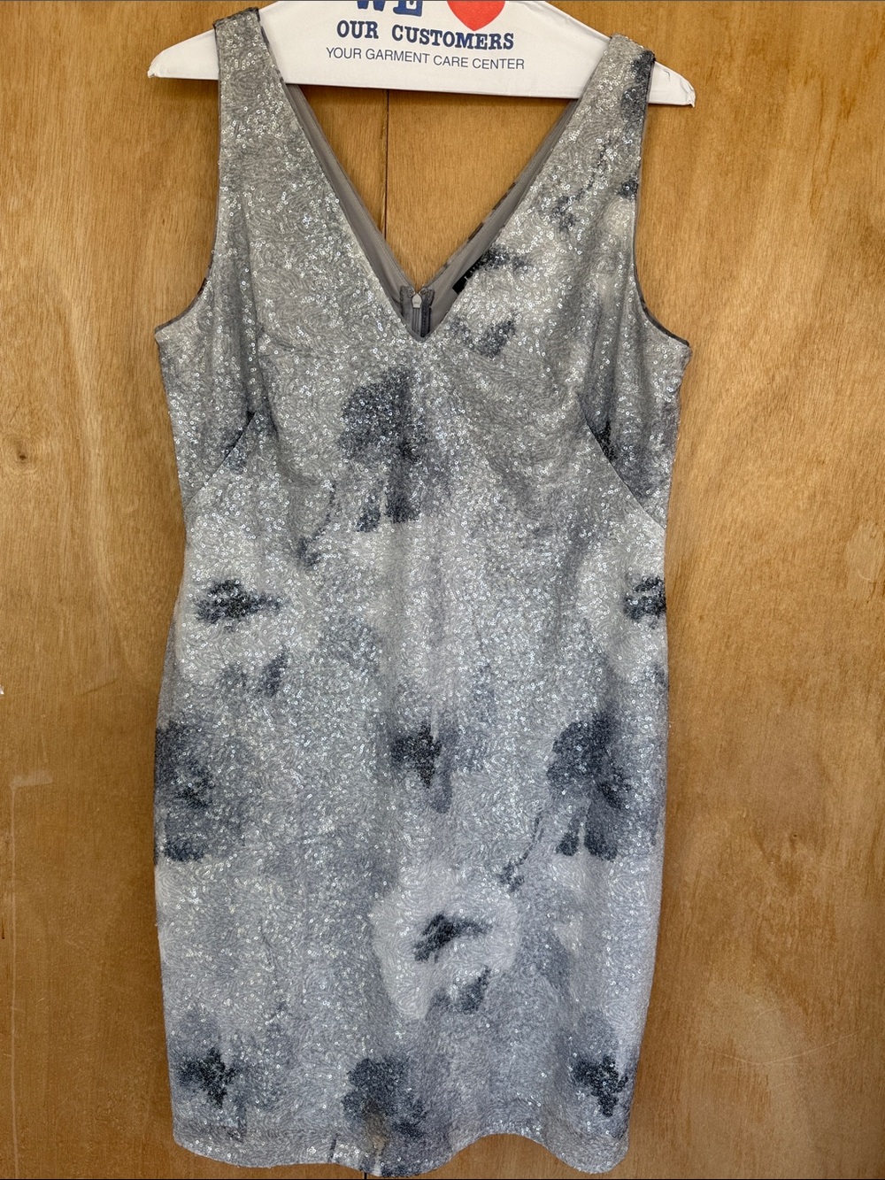 Ralph Lauren Silver-Gray V-Neck Midi Sheath Dress with Sequins